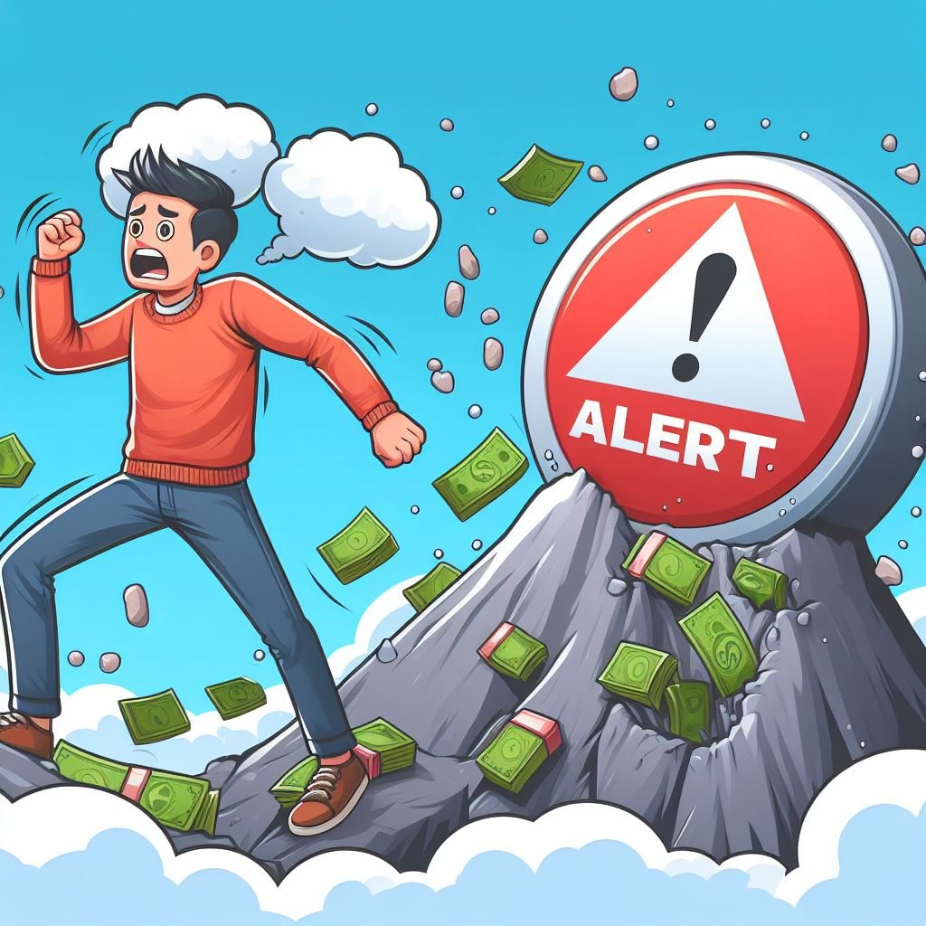 a person sabotaging his debt avalanche and there is a "alert" sign in cartoon animation style