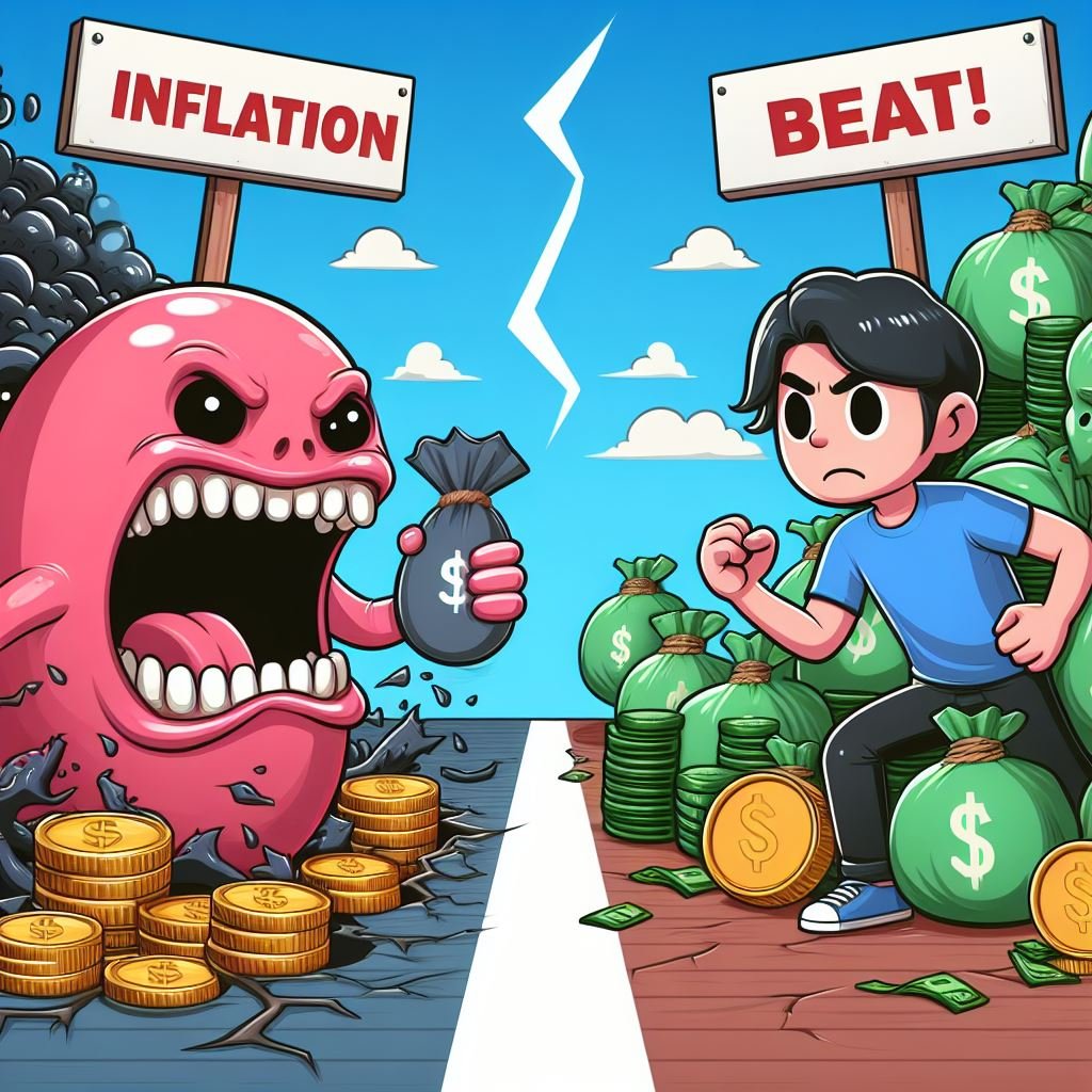 A Poltenbell reader fighting against inflation monster. Above the inflation monster there's a sign that says "Inflation", and above the Poltenbell reader also there is a sign that says "beat!"
