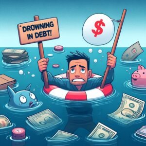 A person drowning in debt in a cartoon and animation style