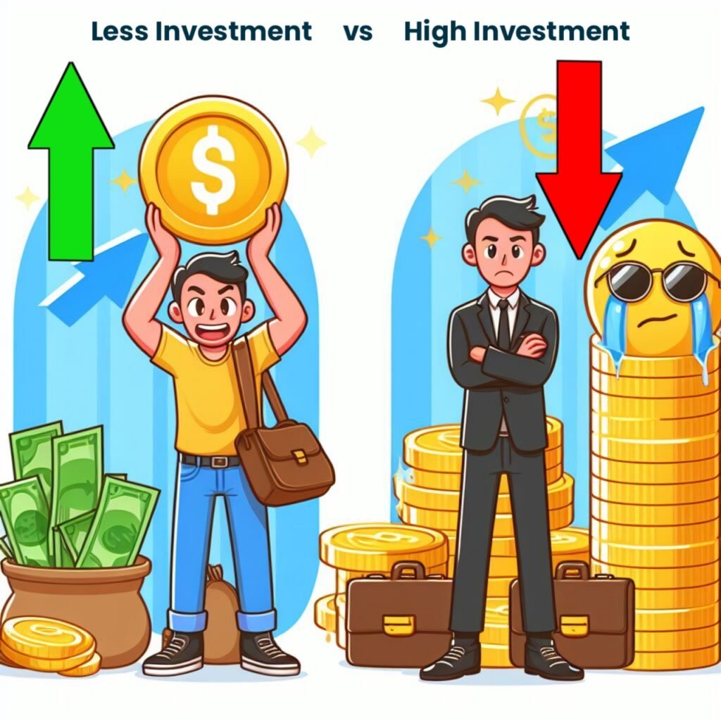 a wealthy person investing so much money but still not happy versus a person who less investment and still successfull in cartoon animation style