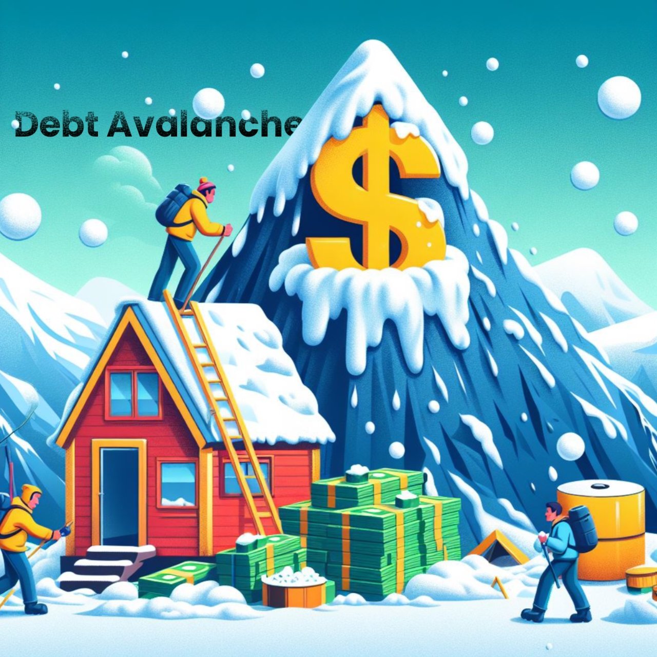 "Debt Avalanche" was titled in parralax effect and a debtor building a base camp near a debt avalanche that has a dollar sign and snowball falling in cartoon animation style