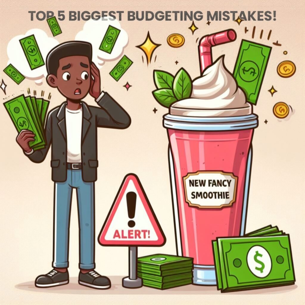 a person spending too much money in a new fancy smoothie or coffee and there is a alert sign, and there is a title in the background that says "TOP 5 BIGGEST BUDGETING MISTAKES"