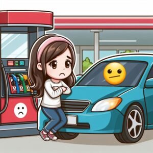 A person's car is sad at the gas station, and the person and gas station also sad.