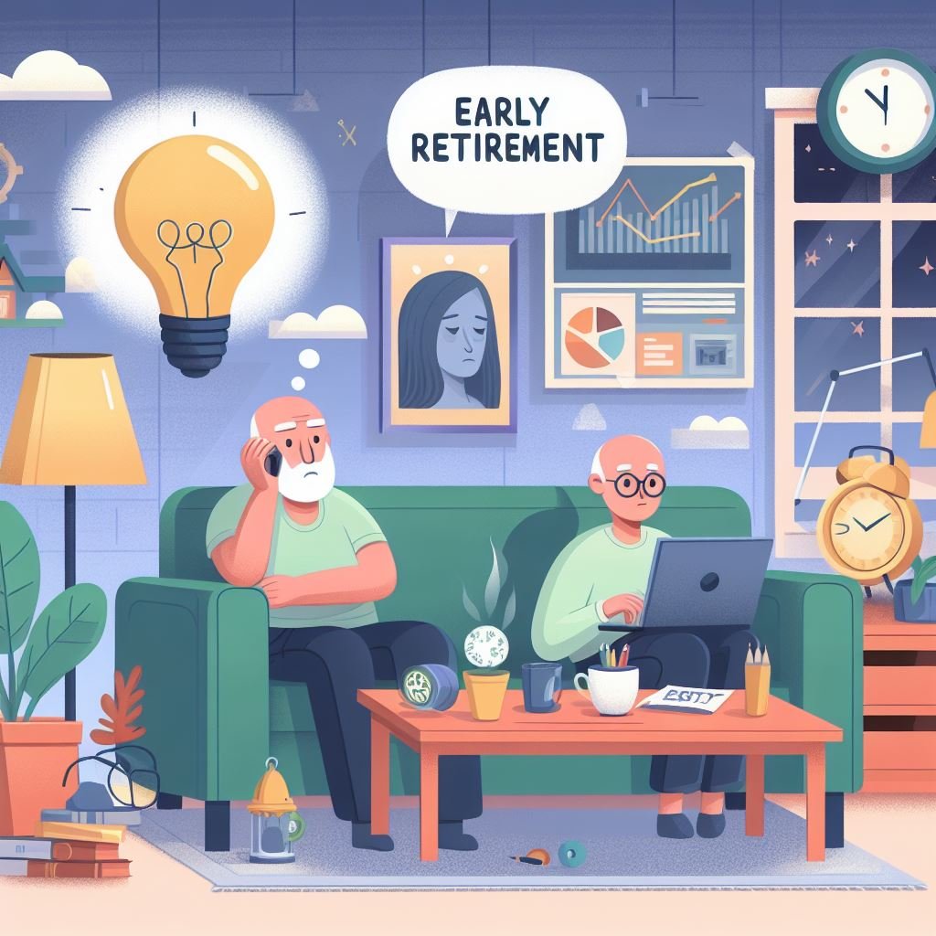 The psychology and mindset of early retirement in a cartoon and animation style
