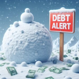 A debt snowball that has so many money around it with a sign board saying 'debt alert'