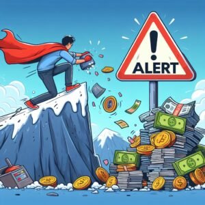 a person sabotaging his debt avalanche and there is a "alert" sign in cartoon animation style