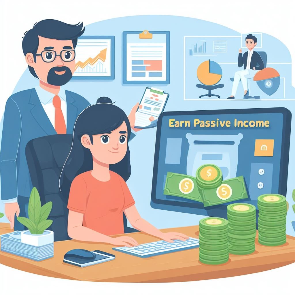 People working one computer and generating passive income in cartoon