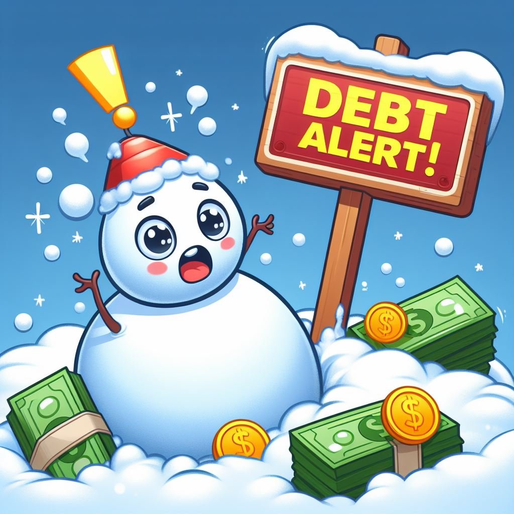A debt snowball that is rolling with a sign board saying 'debt alert'