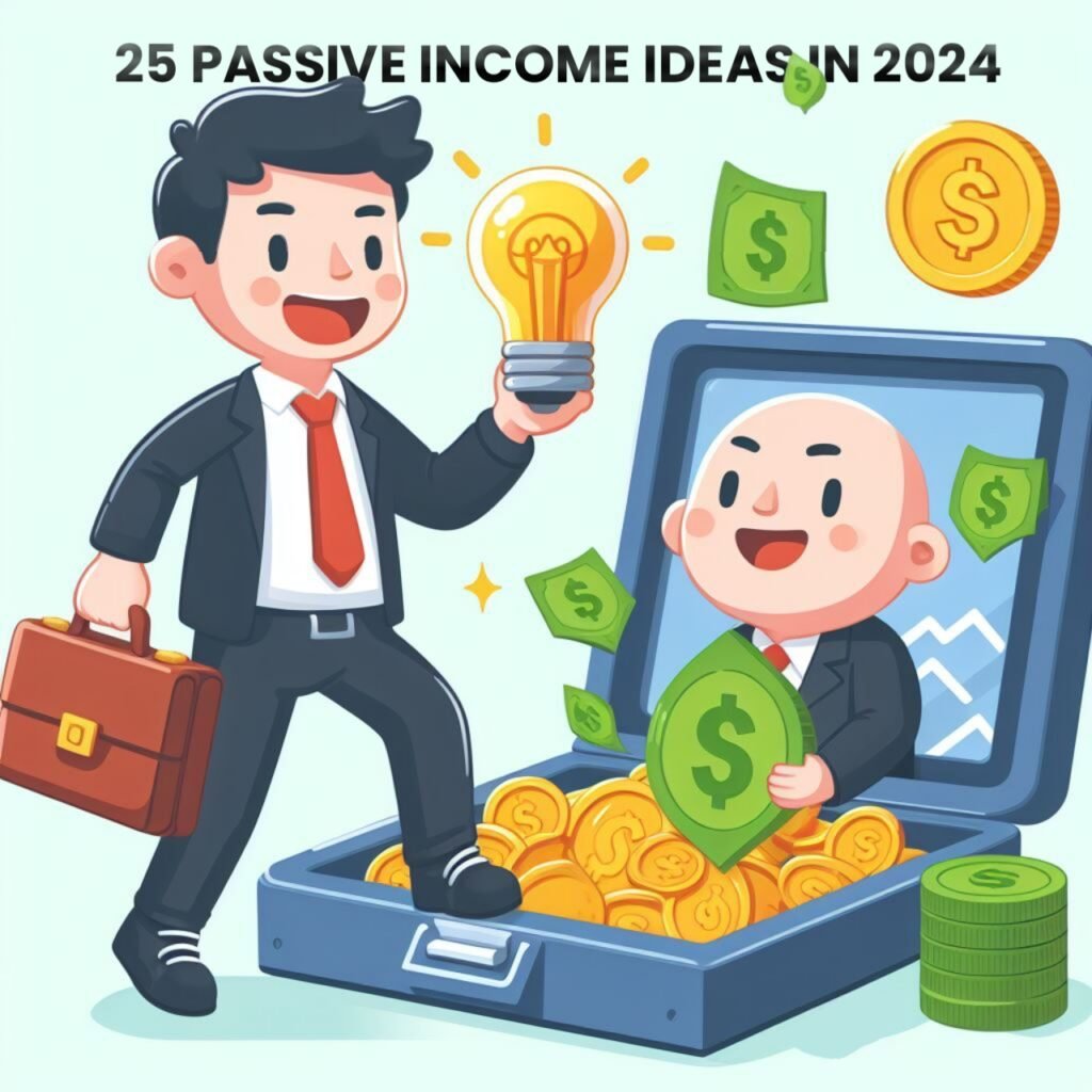 A passive income earner giving ideas to a normal active earner. There's a text above them says "25 Passive Income ideas in 2024"