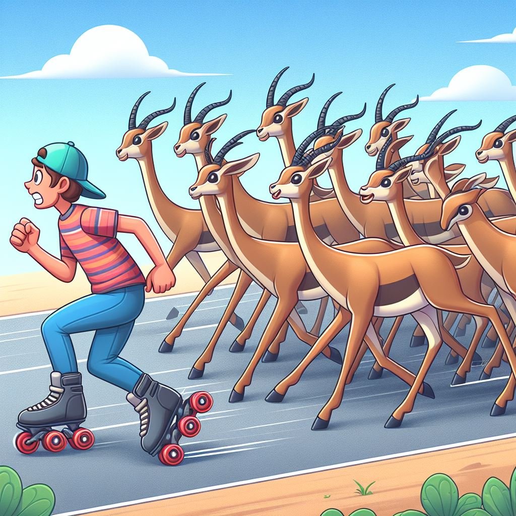 A person trying to herd a herd of gazelles on roller skate