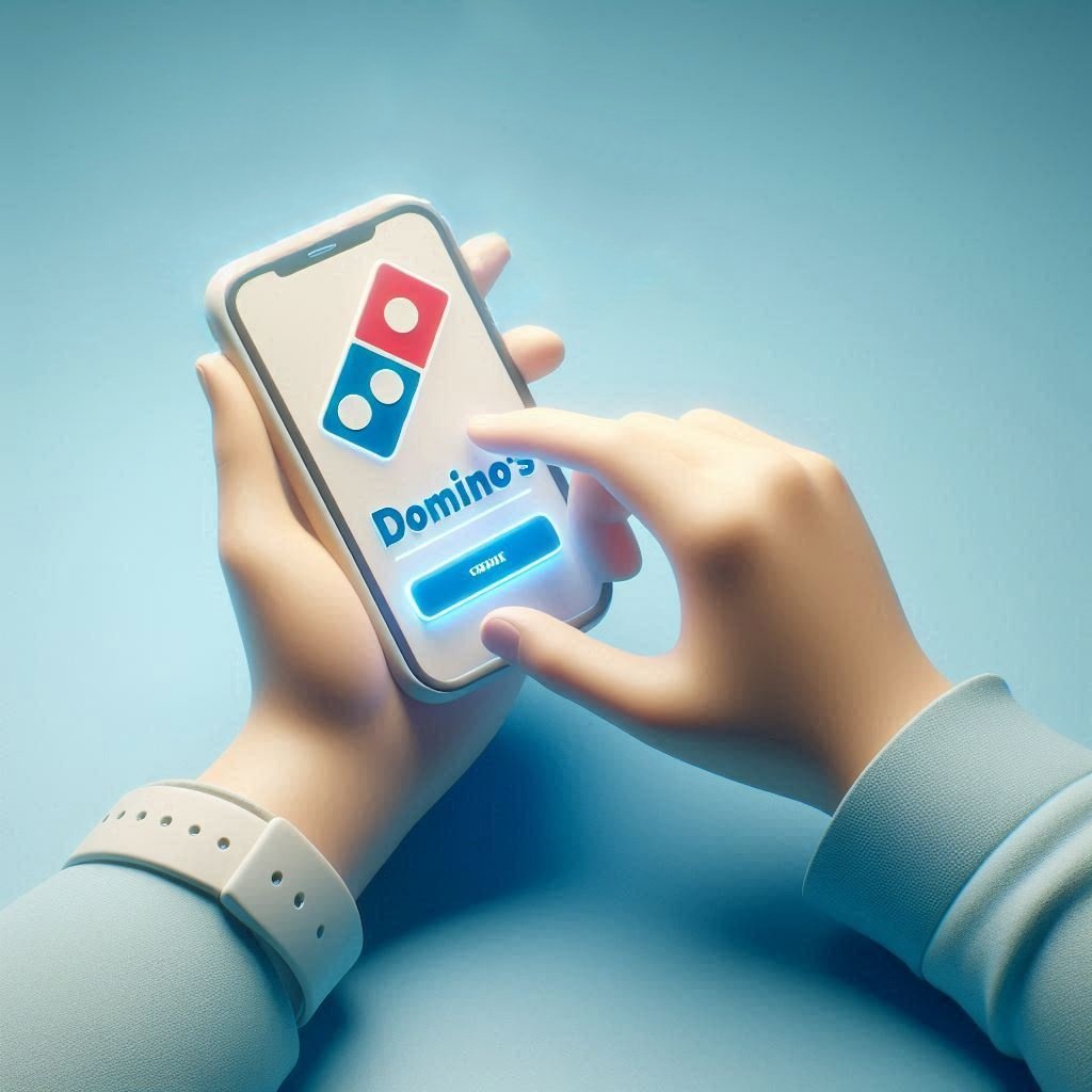 A person ordering pizza from phone, shows Domino's innovation and technology in delivering services.