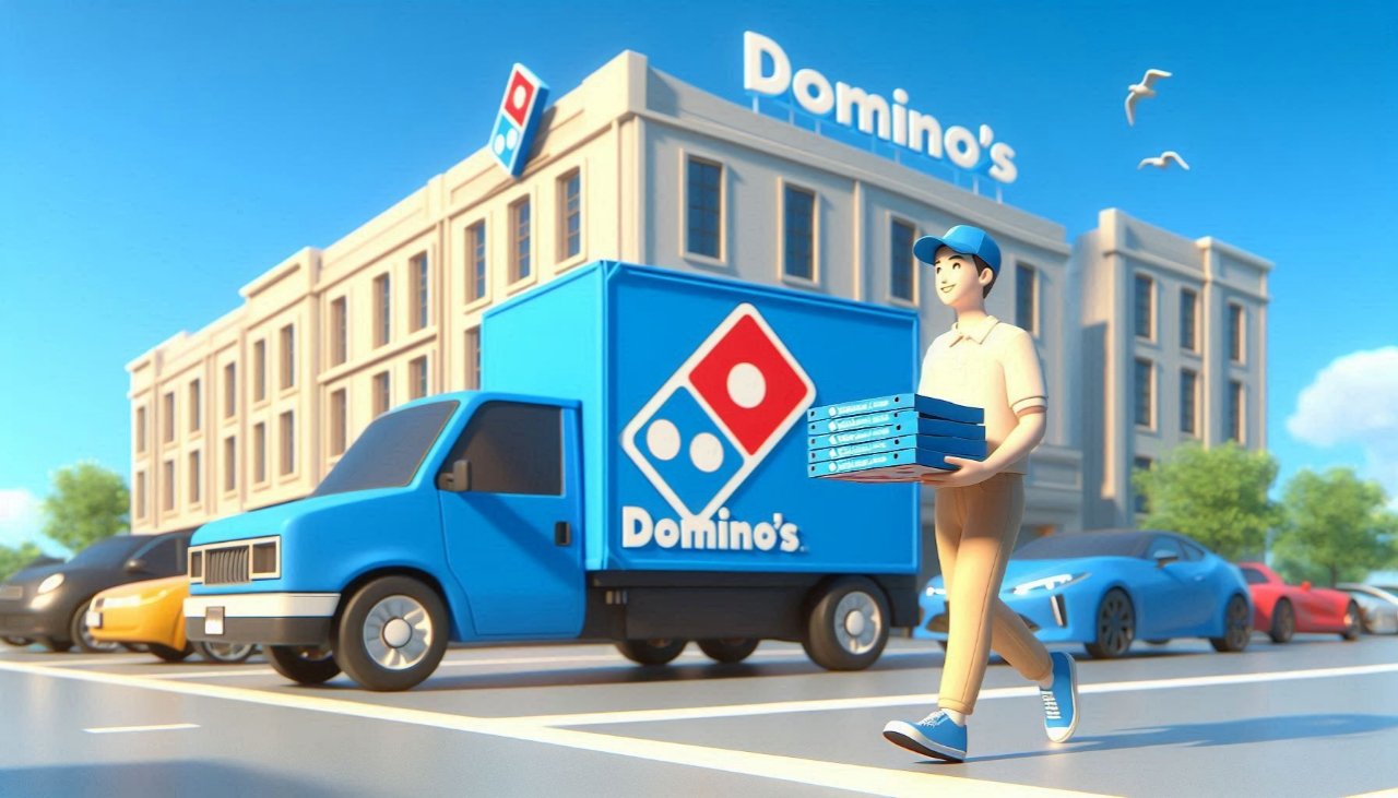 A delivery man delivering pizza's, showing domino's trust and resilience.