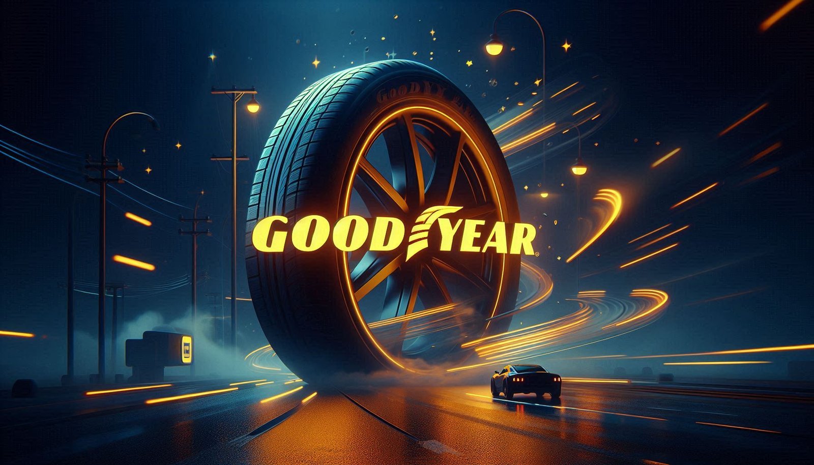 A gigantic tyre that shows brand of goodyear